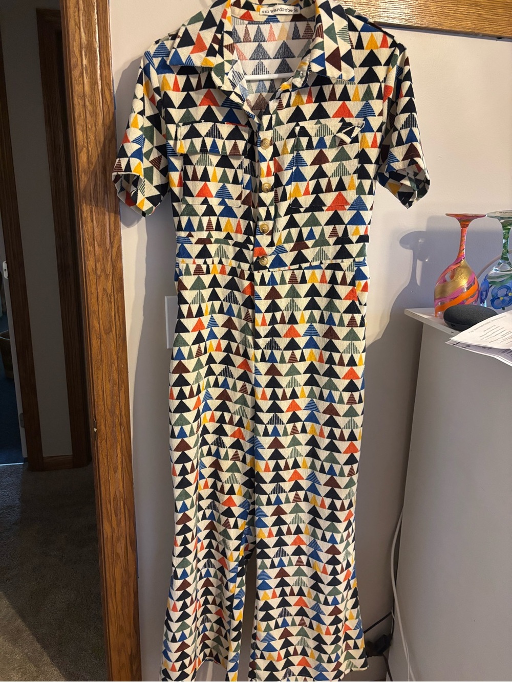 Geometric Triangle-Print Short-Sleeve Jumpsuit in Multi
